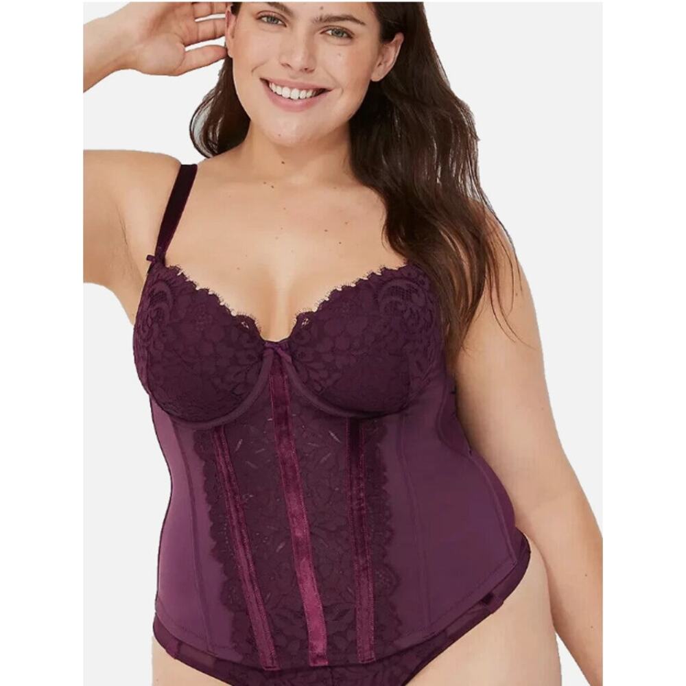 Cacique Lane Bryant Purple Velvet-Trim Lace 1-Piece Corset/Sleepwear Size 40DDD